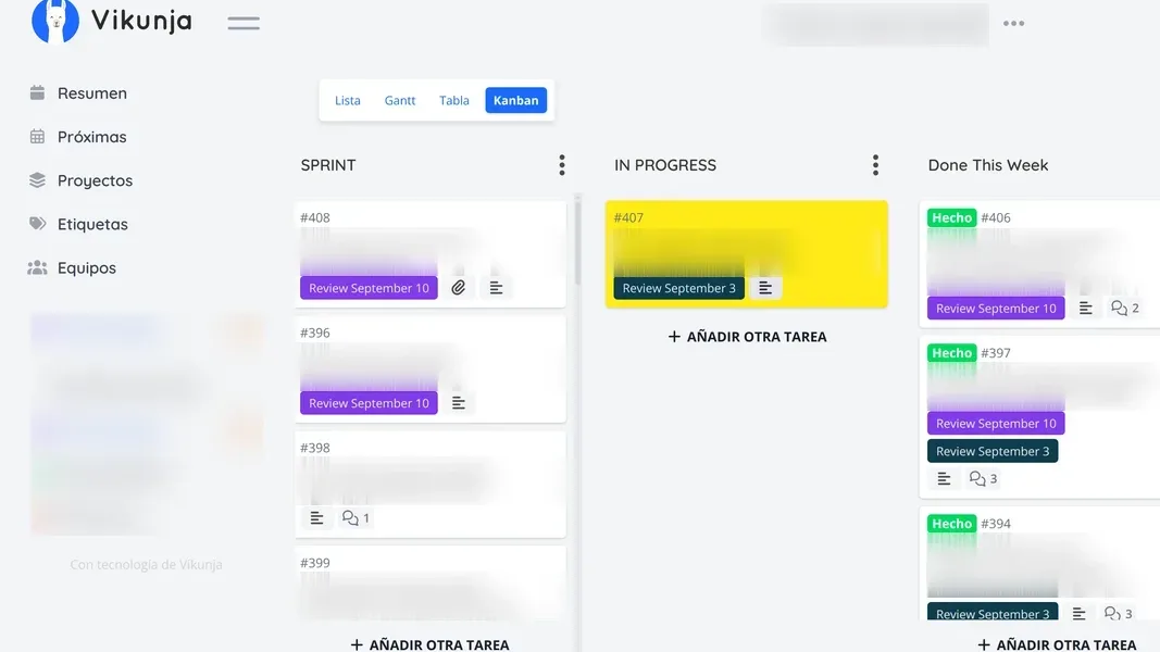 Tablero Kanban de Vikunja